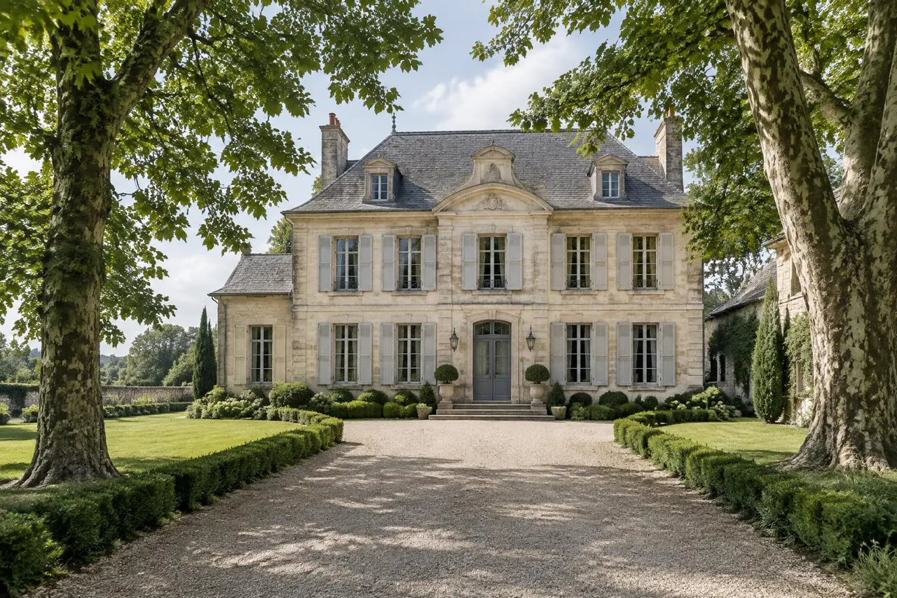Maison de famille en pierre et allée arborée — photographie générée